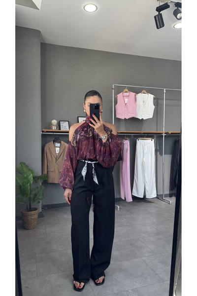 YOUR NAME talie înaltă Pliat cu centură eșarfă pantaloni palazzo