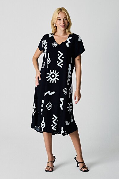 VAGGON Women's Black Patterned V Neck Short Sleeve Slit Midi Length Dress Vs00818