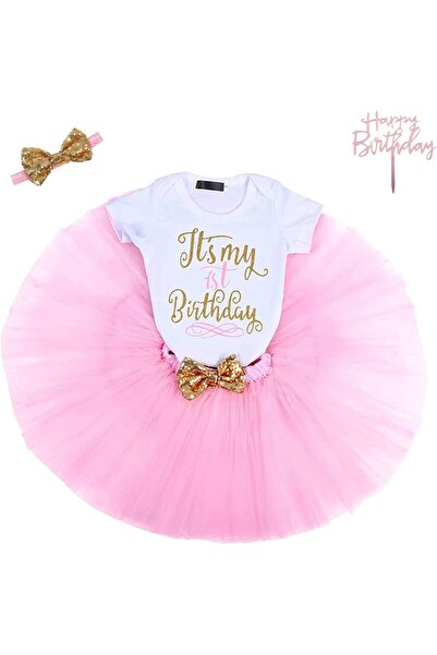 asmara طقم عيد ميلاد طفلتي الأول - بدلة جسم، تنورة توتو، عصابة رأس مزينة بالزهور، كعكة علوية