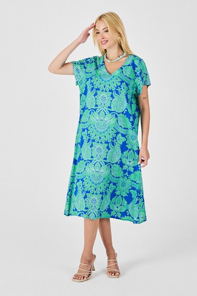 VAGGON Women's Green Patterned V-Neck Short Sleeve Midi Length Dress Vs00820