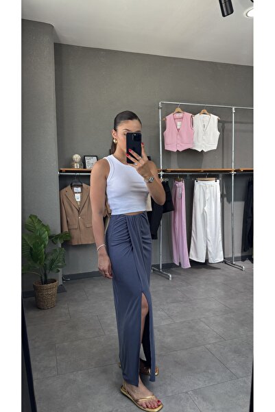 YOUR NAME Büzgülü Yırtmaçlı Modal Kumaş Etek