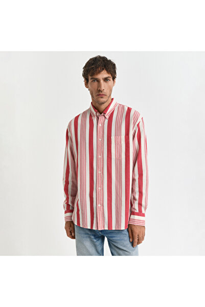 Gant Erkek Kırmızı Relaxed Fit Düğmeli Yaka Çizgili Gömlek