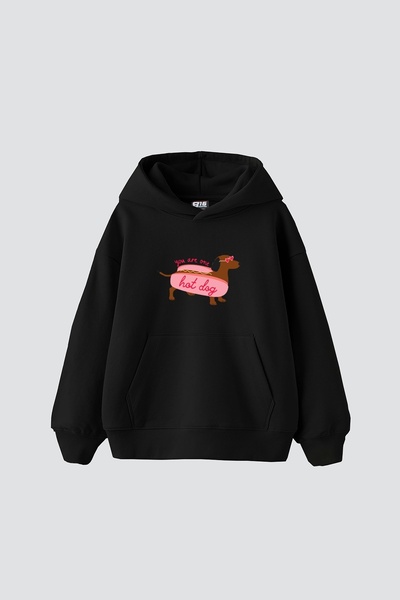 Sekizbiraltı Hanorac negru oversize unisex cu imprimeu Hot Dog