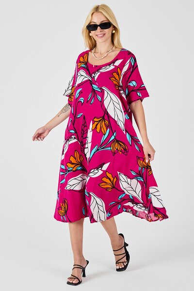 VAGGON Women's Fuchsia Leaf Patterned U-Neck Short Sleeve Midi Length Dress Vs00816