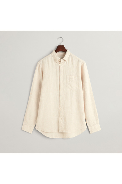 Gant Erkek Bej Regular Fit Düğmeli Yaka Kareli Keten Gömlek