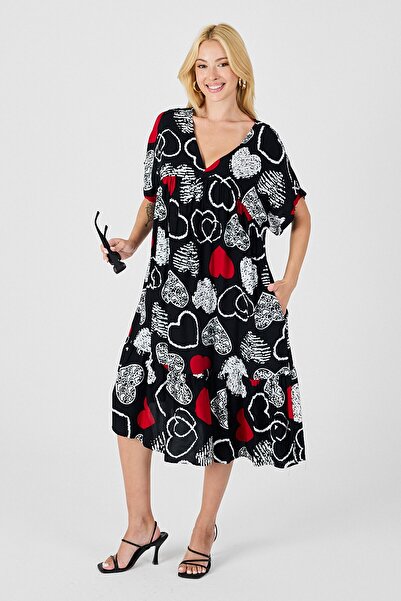 VAGGON Women's Red-Black V-Neck Oversize Cut Patterned Double Pocket Flounce Dress Vs00835