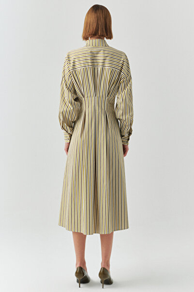 Exquise Striped Shirt Collar Long Sleeve Slim Fit Midi Dress