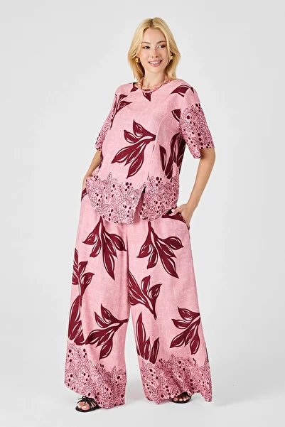 VAGGON Women's Plum-Flower Leaf Patterned Oversize Blouse and Wide Leg Pants Set Vs00836