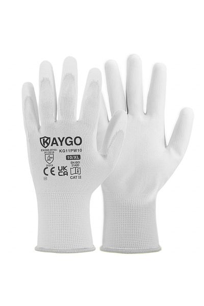 KAYGO Set of 12 pairs of work gloves, cotton/polyurethane, white, size XL