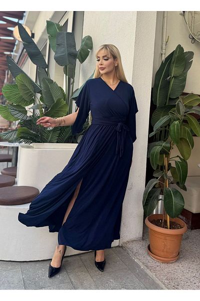 LİKRA Women's Plus Size Asymmetric Sleeve Detail Double-Collar Belt Sandy Evening Dress