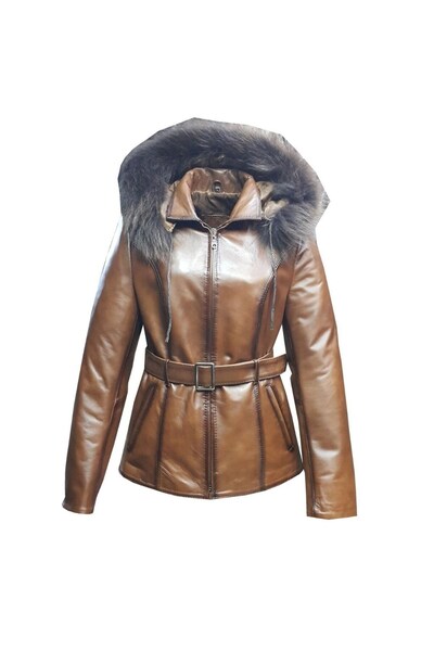DeriWork Genuine Leather Brown Belted Furry Women's Jacket