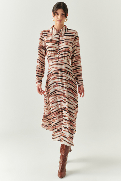 Exquise Patterned Shirt Collar Slim Fit Long Sleeve Midi Dress