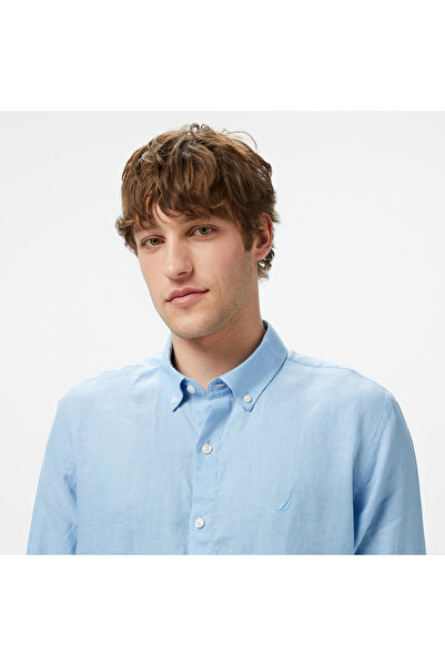 Nautica Erkek Mavi Classic Fit Keten Gömlek