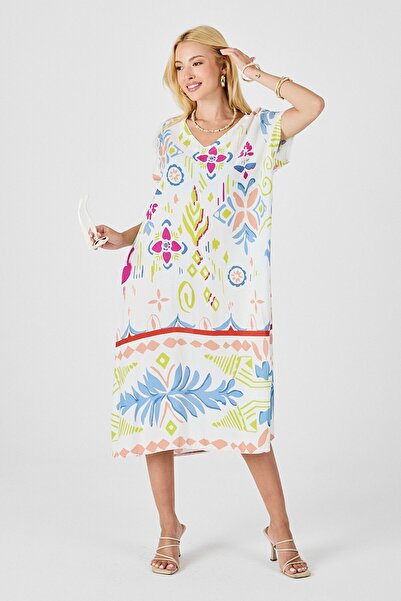 VAGGON Women's Ecru Patterned V-Neck Midi Dress Vs00812