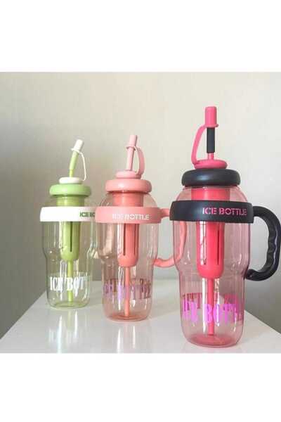evinizin vitrini Ice Cream Designed Water Bottle with Straw 1.3 Liter Large Volume, Transparent Color Flask, Leak-Proof Lid