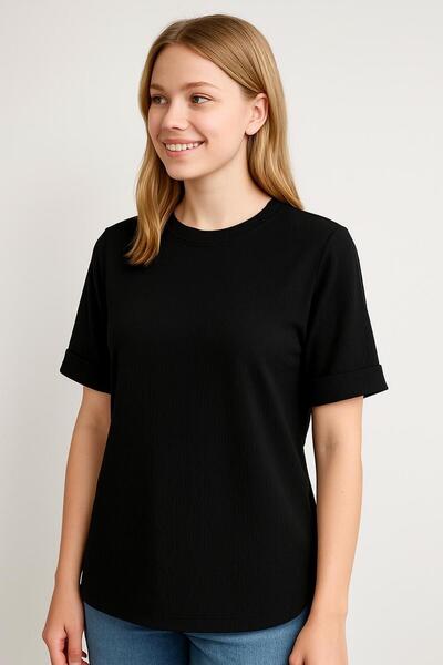 ribana Kadın Oversize kalıp Bürümcük Kumaş Duble Kol Yandan Yırtmaçlı T-shirt Bluz - T954