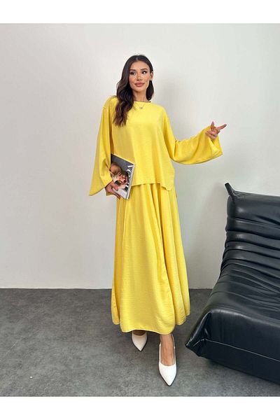 Hatun Atila Overlock Detailed Blouse and Skirt Double Set 8045 - Yellow