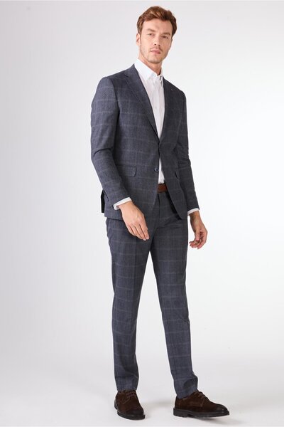 Dufy Navy Blue Herringbone Men's Suit - Slim Fit