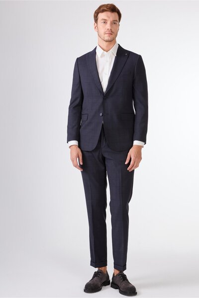 Dufy K.Navy Blue Herringbone Men's Suit - Slim Fit