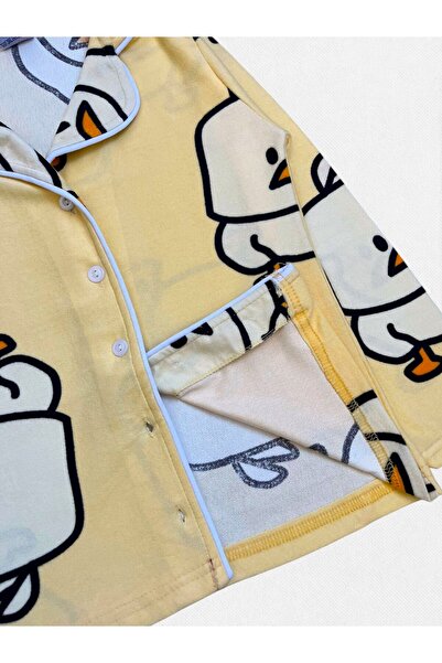 Fil Kids Kız Çocuk Pamuklu Kumaş Süet Sarı Civciv Desenli Uyku Bantlı Biyeli Gömlek Yaka Pijama Takımı
