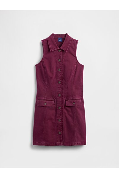 GAP Kadın Bordo Denim Yaka Shift Mini Elbise