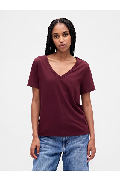 GAP Kadın Bordo Organik Pamuk Vintage V Yaka T-Shirt