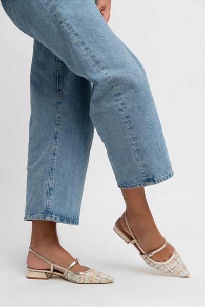 NİŞANTAŞI SHOES X-Harmony Straw Color Belt Detail Pointed Toe Short Heeled Women's Ballerinas
