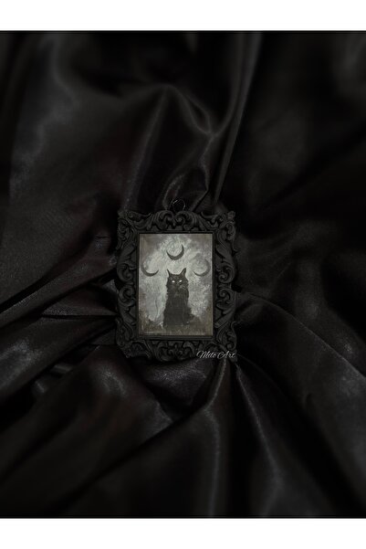 Milo Art El Yapımı Gotik Kara Kedi Mini Beton Çerçeve Siyah Küçük Çerçeve 10 Cm