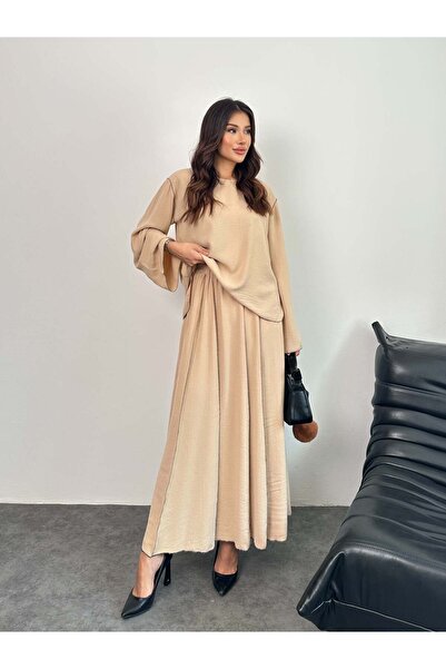 Hatun Atila Overlock Detailed Blouse and Skirt Double Set 8045 - Cream Color