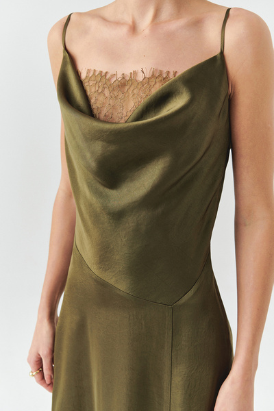 Exquise Regular Satin Midi Khaki Dress with Lace Detail and Straps
