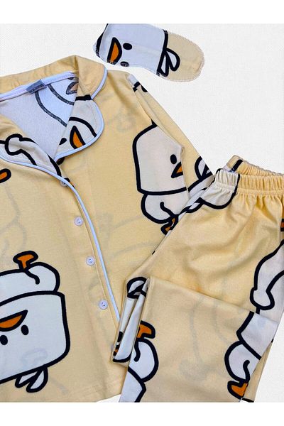 Fil Kids Boys' Cotton Fabric Suede Yellow Chick Patterned Sleep Banded Shirt Collar Pajama Set