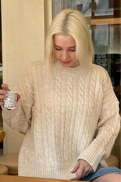 Madmext Ekru Bisiklet Yaka Örgü Desenli Kadın Triko Kazak MG2520