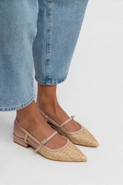 NİŞANTAŞI SHOES X-Harmony Straw Beige Belt Detail Pointed Toe Short Heeled Women's Ballerinas