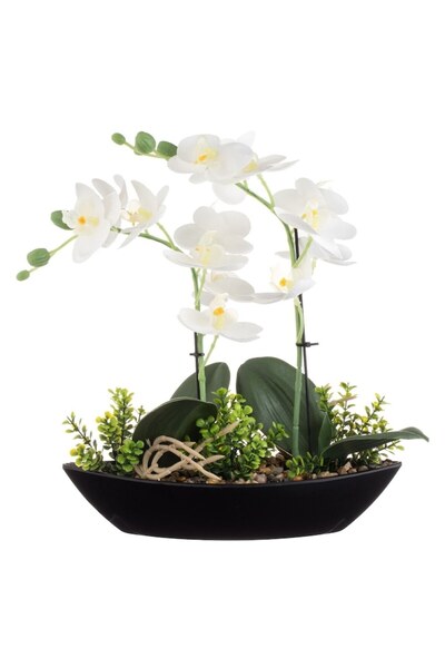 OEM Decorative Pot, Boat Shape, Artificial Orchid, Black and White, 27x9x30 cm