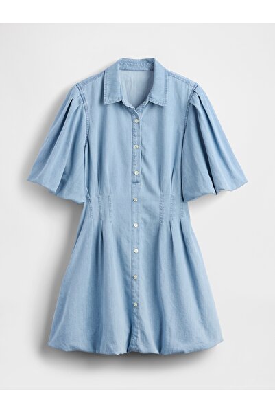 GAP Kadın Açık Mavi Denim Bubble Mini Gömlek Elbise