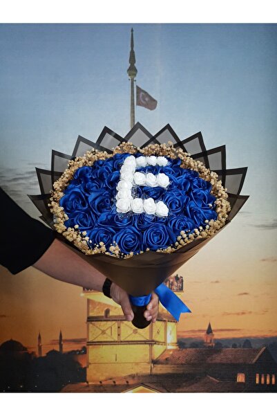 BUKET DÜNYASI 30 Lu Led Işıklı Kenar Süslemeli ve HARFLİ Solmayan Gül Buketi MAVİ Gül Dışı SİYAH