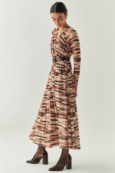 Exquise Patterned Belted Double Breasted Neckline Slim Fit Midi Lined Tulle Dress