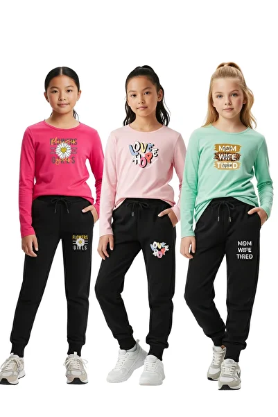panios kids 3-Piece Round Neck Printed Detail Girl's Suprem Bottom-Top Set
