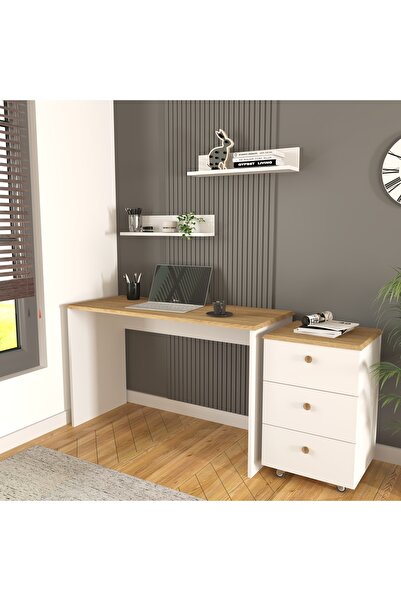 Cool Home Olven Raflı Çalışma Masası ve Keson 3 Çekmeceli , Beyaz - Meşe