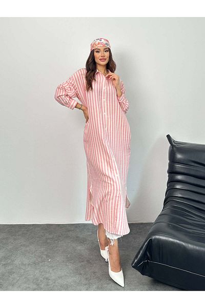 Hatun Atila Striped Button Pocket Long Muslin Shirt Dress 8898 - Pink