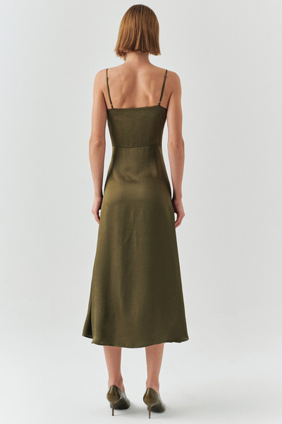 Exquise Regular Satin Midi Khaki Dress with Lace Detail and Straps