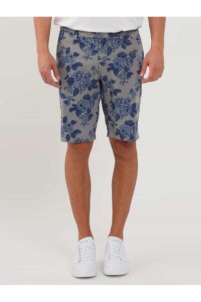 Dufy Light Gray Men's Slim Fit Floral Patterned Shorts - 107695