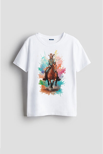 Darkia تي شيرت للأطفال مطبوع عليه رسمة على شكل حصان وكاوبوي بتصميم خاص للجنسين