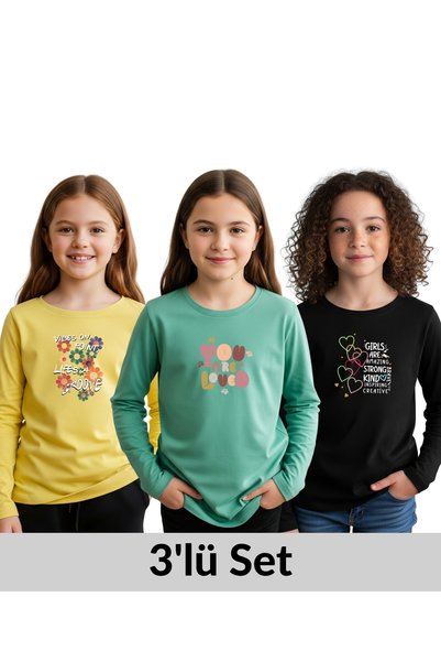 panios kids 3'LÜ YUVARLAK YAKA BASKI DETAYLI KIZ ÇOCUK SWEATSHİRT