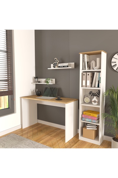 Cool Home Olven Raflı Çalışma Masası ve Kitaplık Seti , Beyaz - Meşe