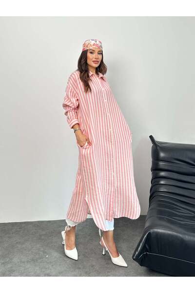 Hatun Atila Striped Button Pocket Long Muslin Shirt Dress 8898 - Pink