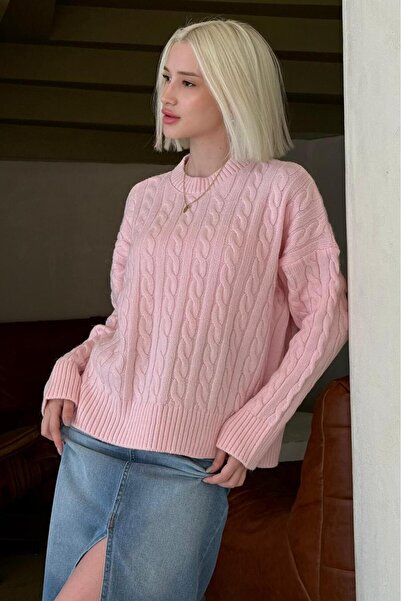 Madmext سترة تريكو نسائية منقوشة برقبة دائرية وردية اللون MG2520