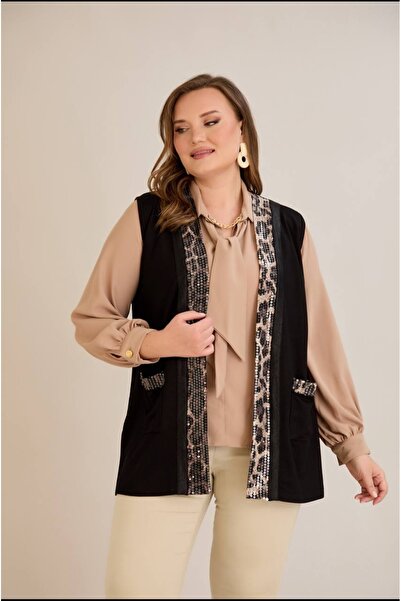 PARKDERİN Plus Size Soft Textured, Long Leopard Printed Pocket Vest