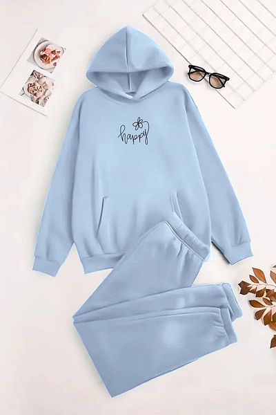 CLAYES Unisex Hooded BabyBlue Σετ αθλητικής φόρμας HAPPY FLOWER Printed - Χειμερινό ύφασμα με ανοιχτόχρωμο