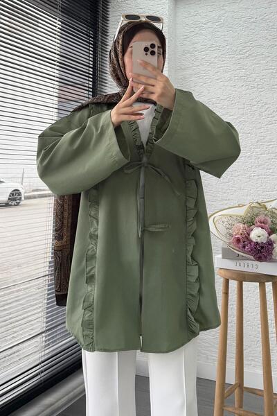 MELEK ARAZ Poplin Kimono with Ruffle Detail on the Front – Green